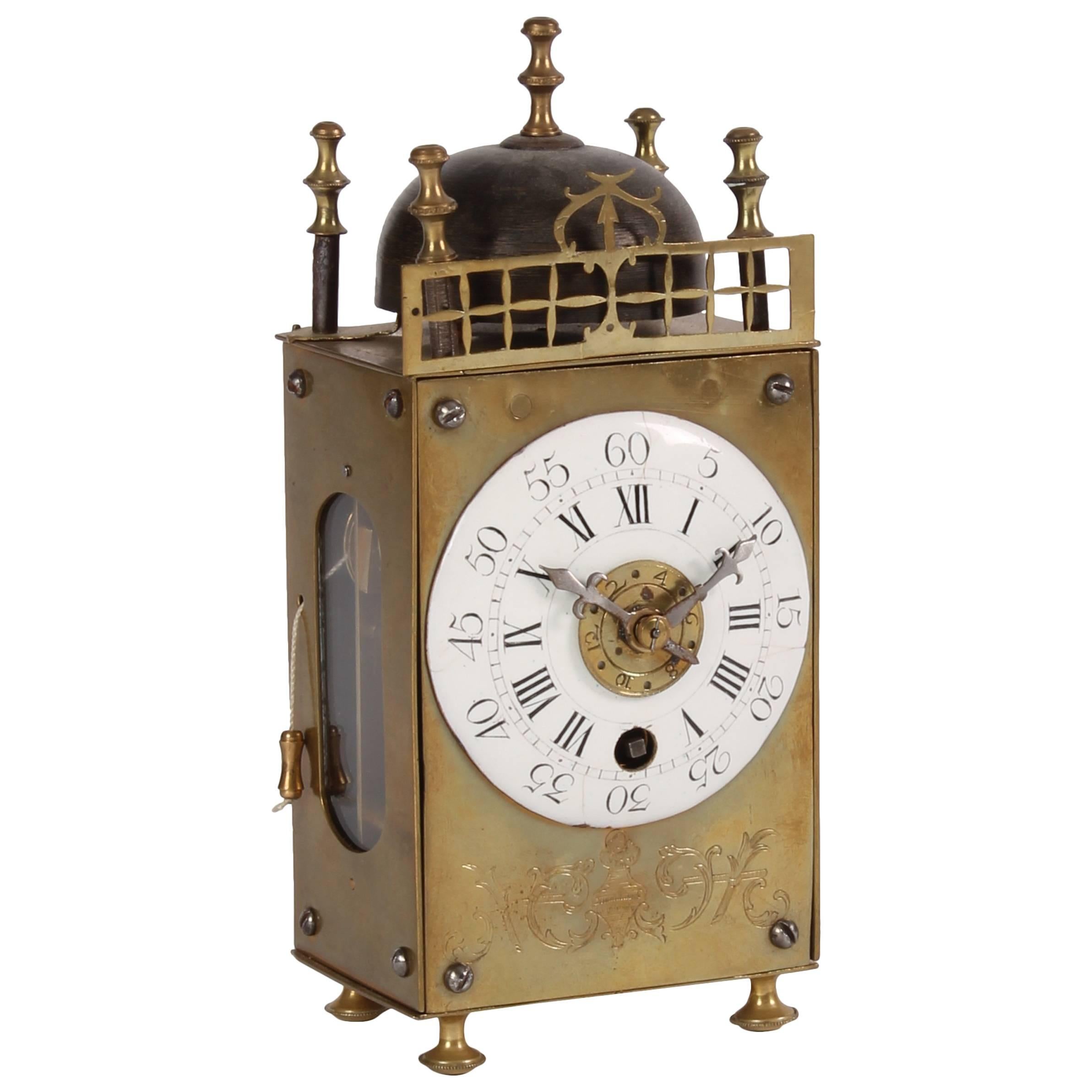 Attractive French Miniature Brass Table Lantern Alarm Timepiece, circa 1780 For Sale