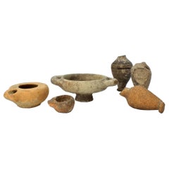 Group of Six Possibly Ancient Terracotta Oil Lamps, Small Vases and Vessels