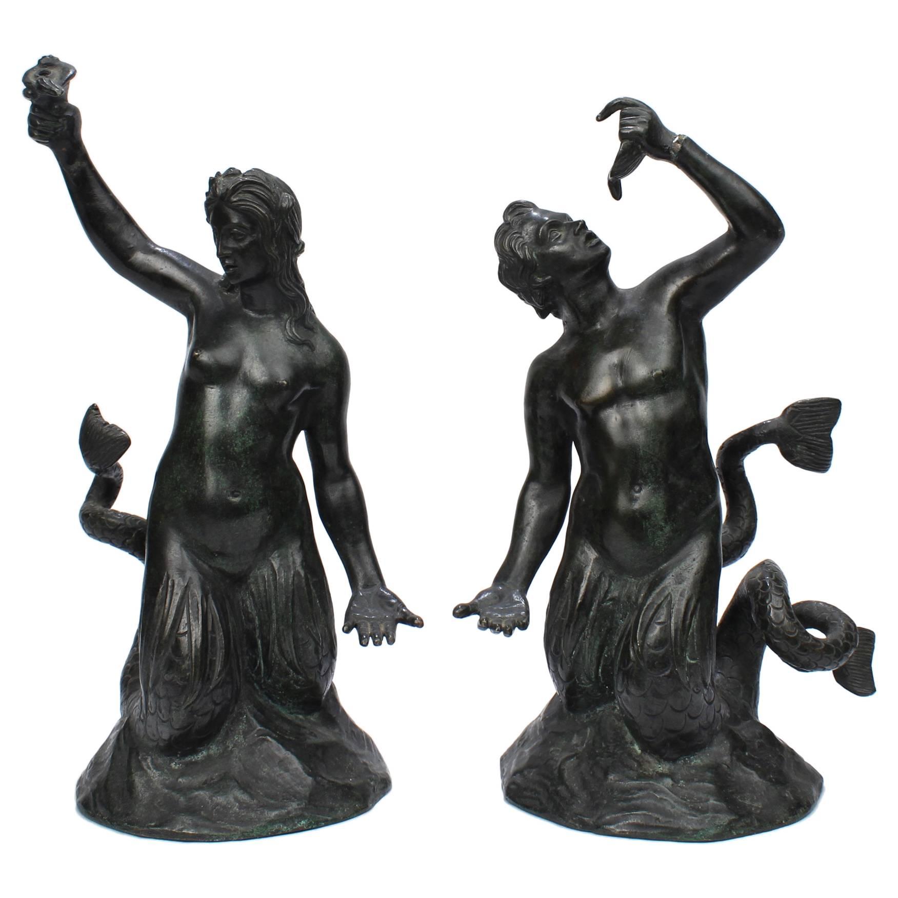 Pair of Grand Tour Bronze Mermaid & Merman Miniature Fountain Sculptures