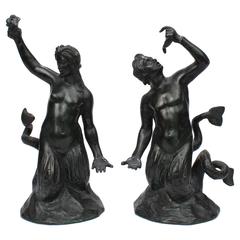Pair of Grand Tour Bronze Mermaid & Merman Miniature Fountain Sculptures 8