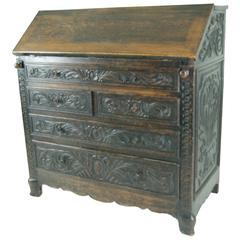 B432 Large Victorian Ornately Carved Oak Secretary, Slope Front Desk, Bureau