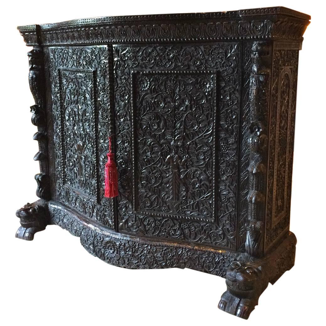 Antique Hall Bathroom Cupboard Heavily Carved Two-Door, 19th Century
