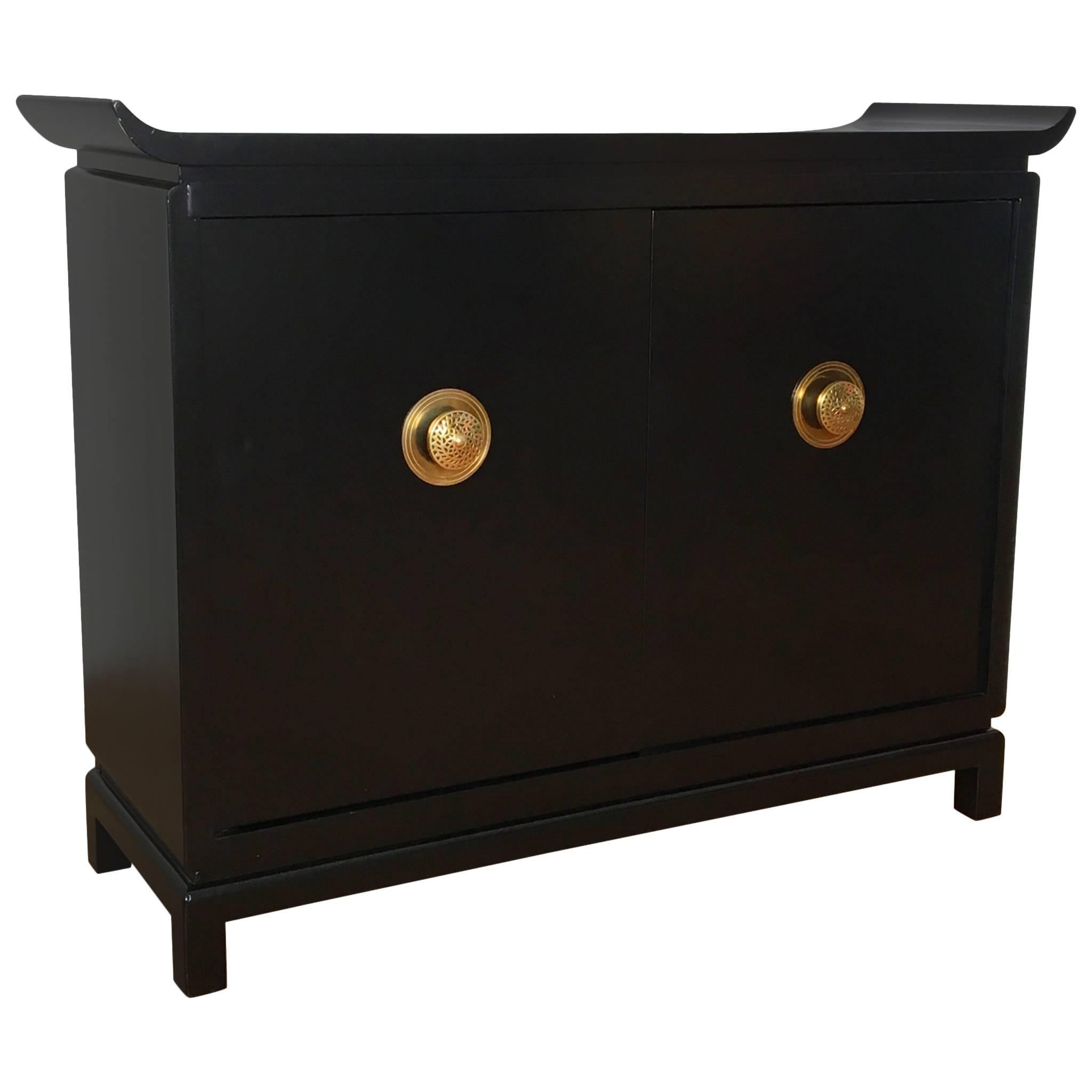 1950s Black Lacquer and Brass Cabinet Signed by James Mont