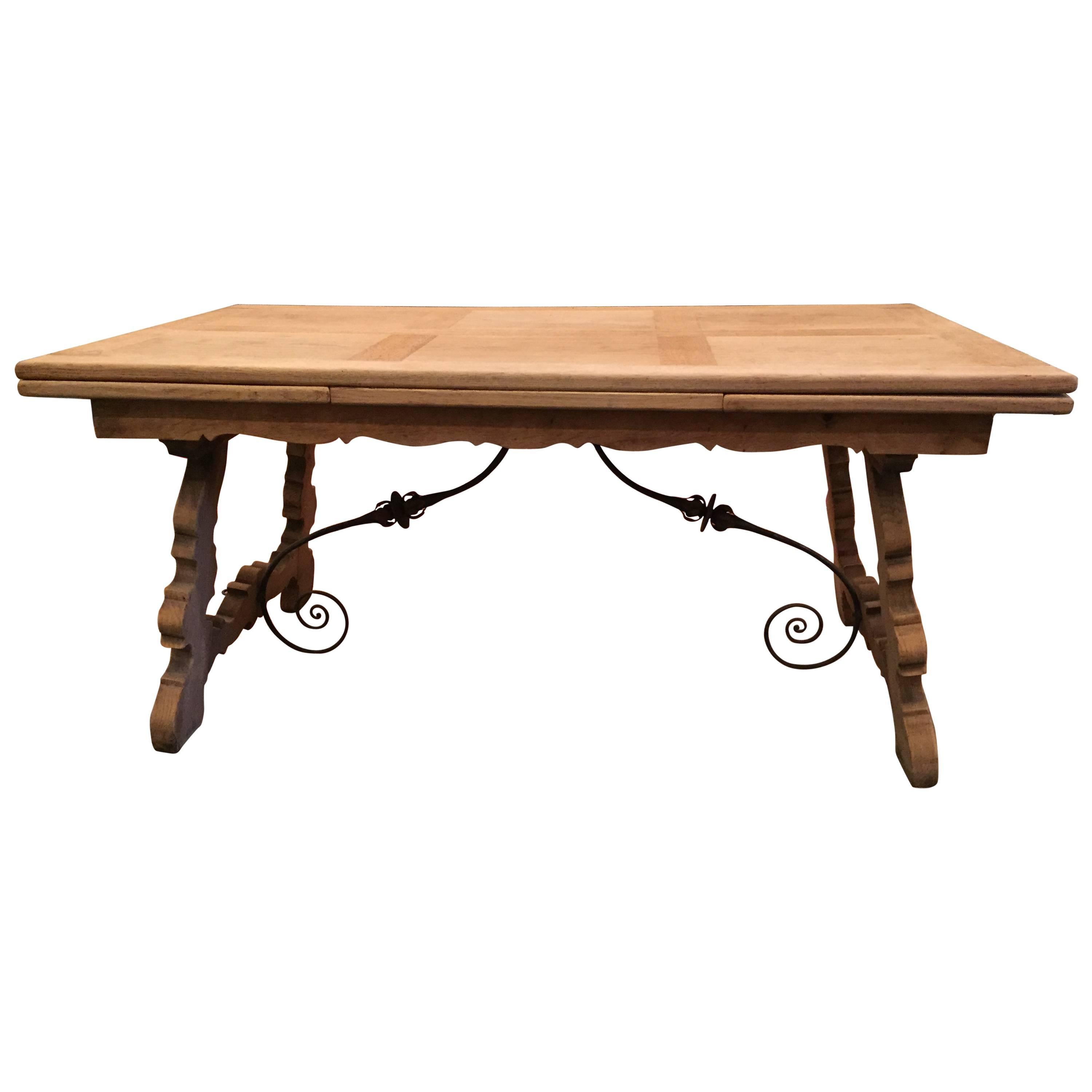 19th Century Spanish Draw-Leaf Trestle Table in Bleached Oak