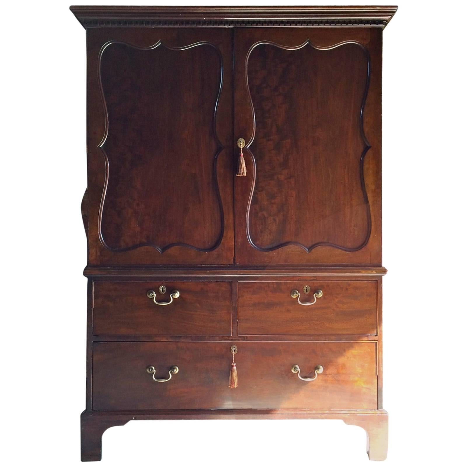 Antique Linen Press Wardrobe Mahogany Chest George III, Early 18th Century