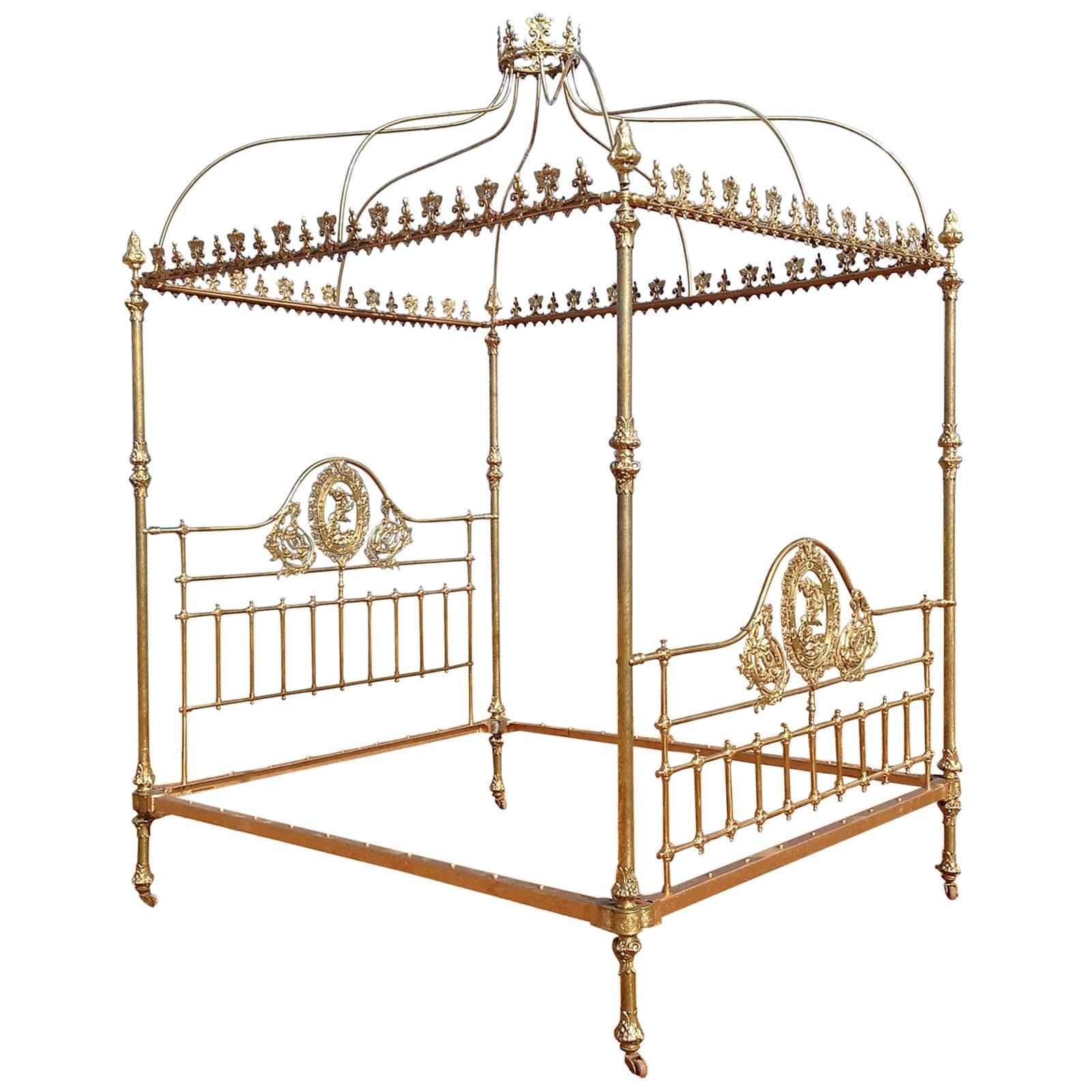 Wide Brass Four Poster Bed with Crown and Canopy, M4P19