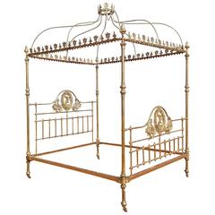 Antique Wide Brass Four Poster Bed with Crown and Canopy, M4P19