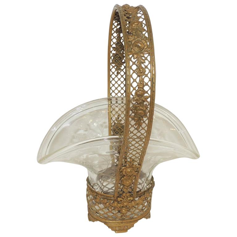 Wonderful French Gilt Bronze Roses Basket Etched Crystal Glass Bowl Centerpiece For Sale at 1stdibs