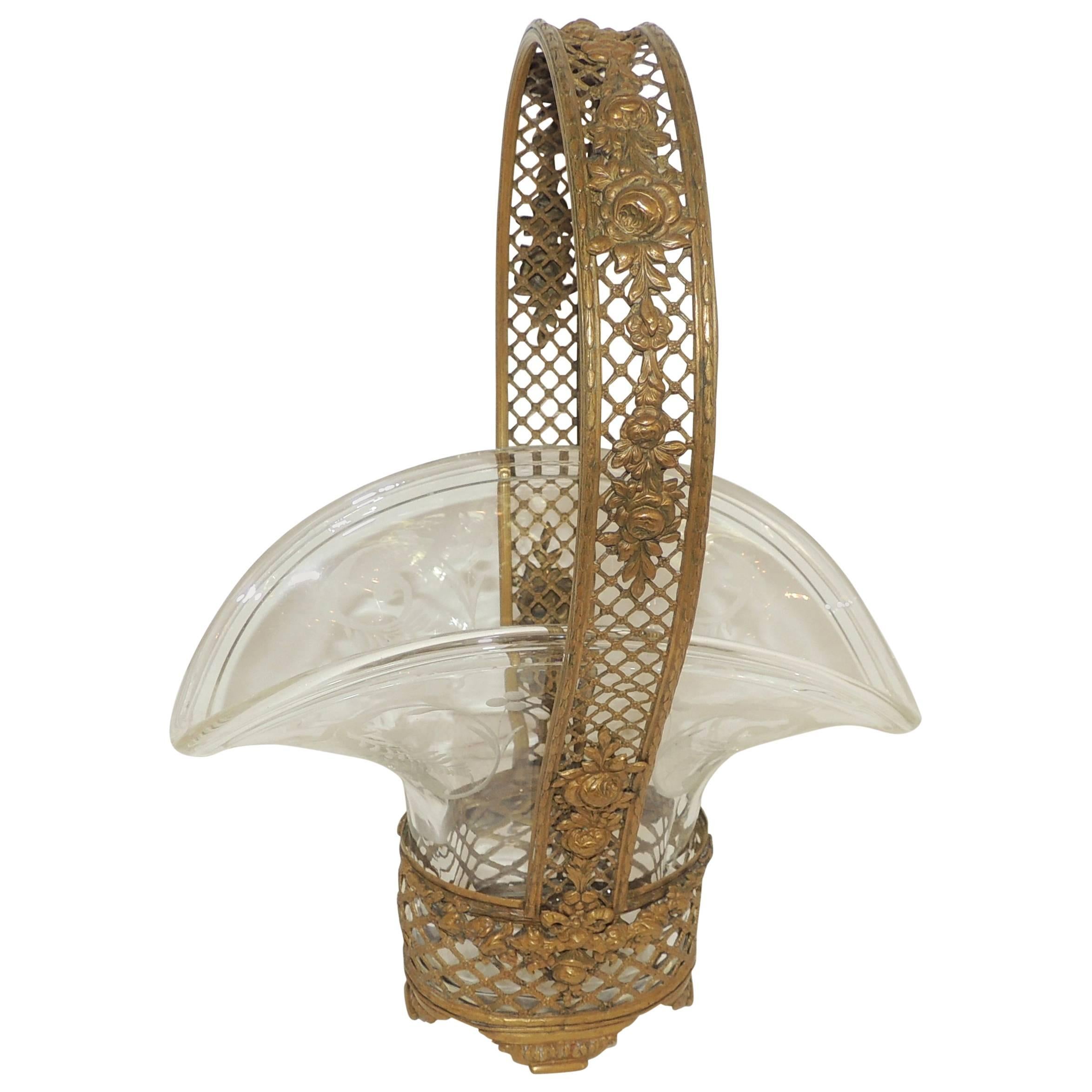 Wonderful French Gilt Bronze Roses Basket Etched Crystal Glass Bowl Centerpiece For Sale