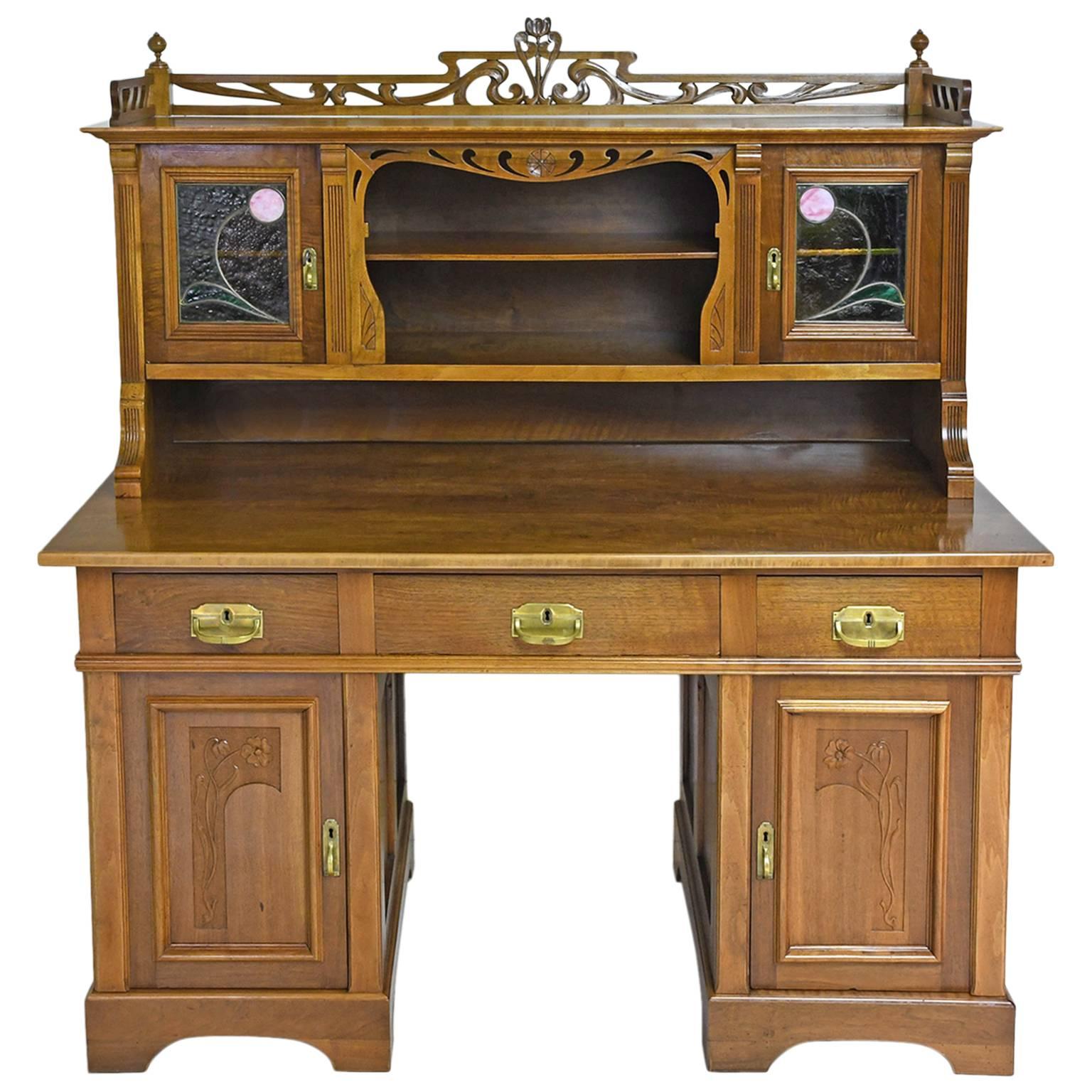 Art Nouveau Walnut Pedestal Desk with Upper Cabinet and Stained Glass, C. 1900