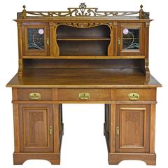 Art Nouveau Walnut Pedestal Desk with Upper Cabinet and Stained Glass, C. 1900 12