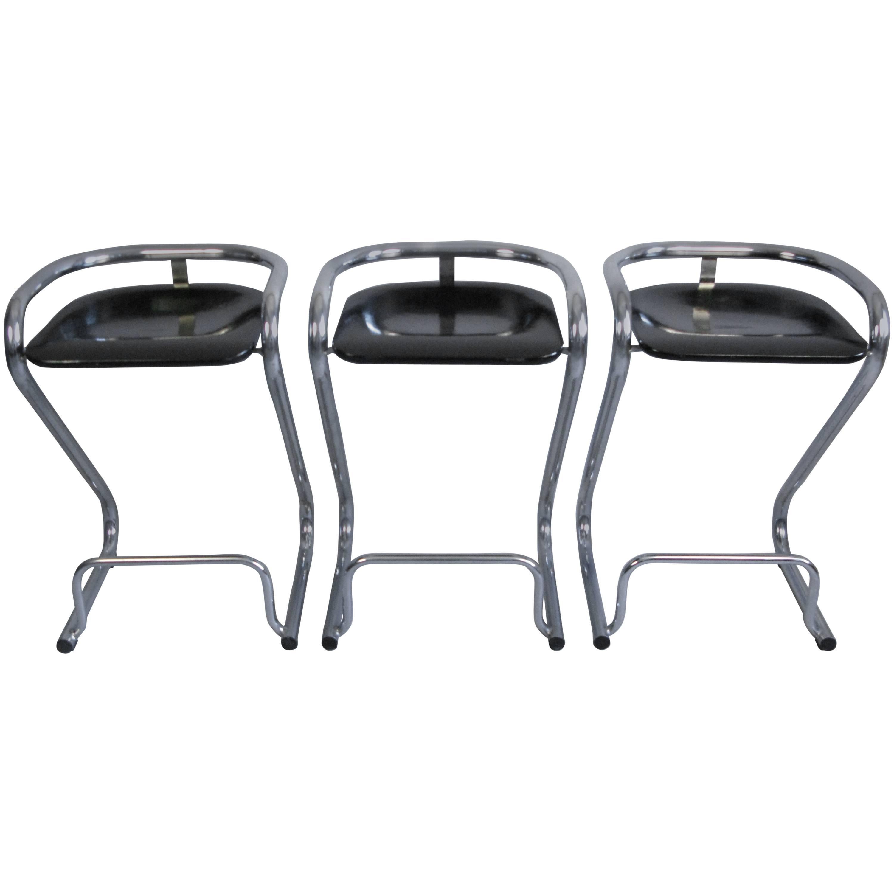 1970s Trio of Italian Chrome and Lacquered Wood Bar Stools