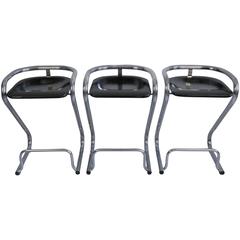 1970s Trio of Italian Chrome and Lacquered Wood Bar Stools