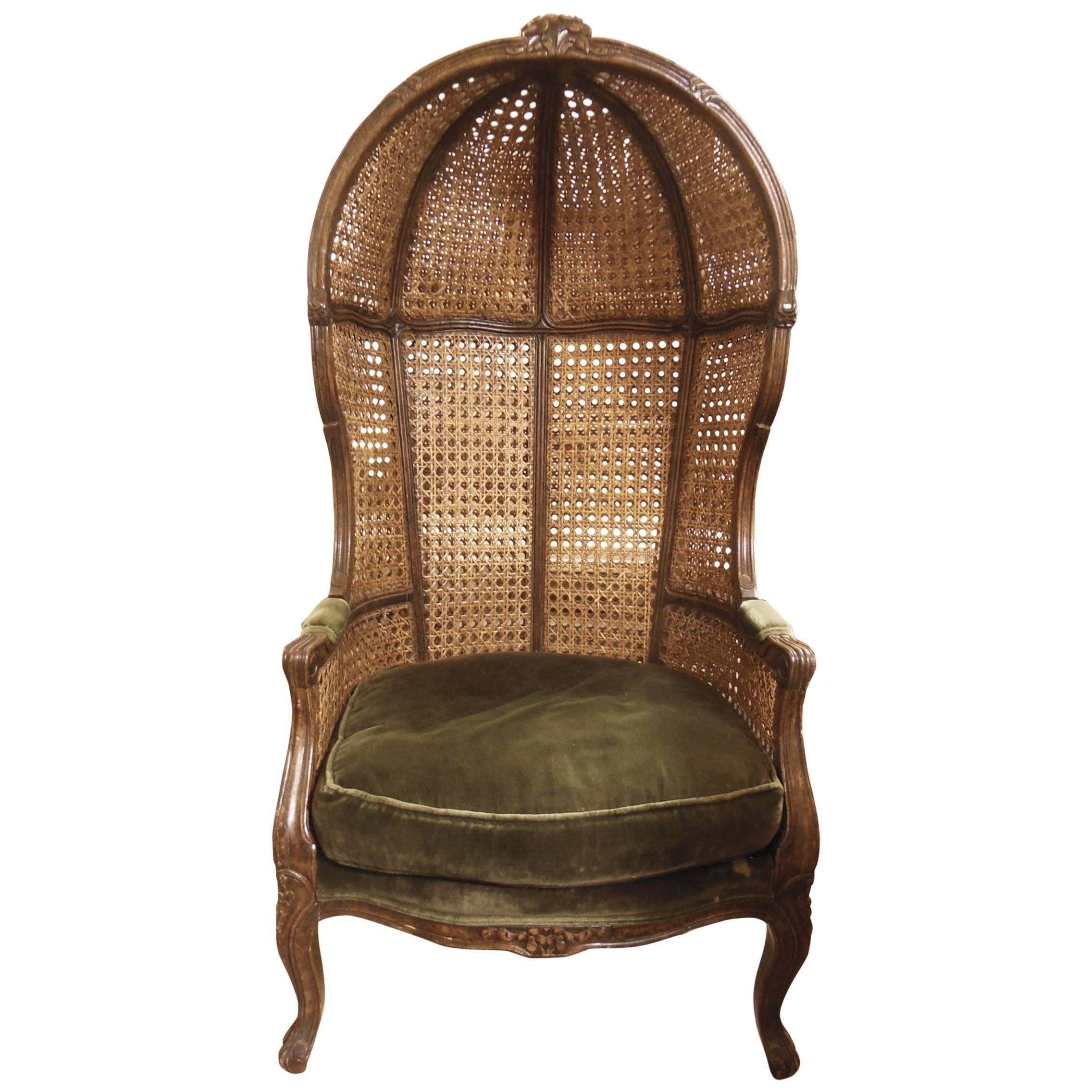 Vintage French Caned Hooded Armchair For Sale