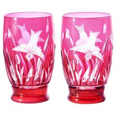 12 Val St. Lambert Bird Pattern Cranberry Tumblers 12