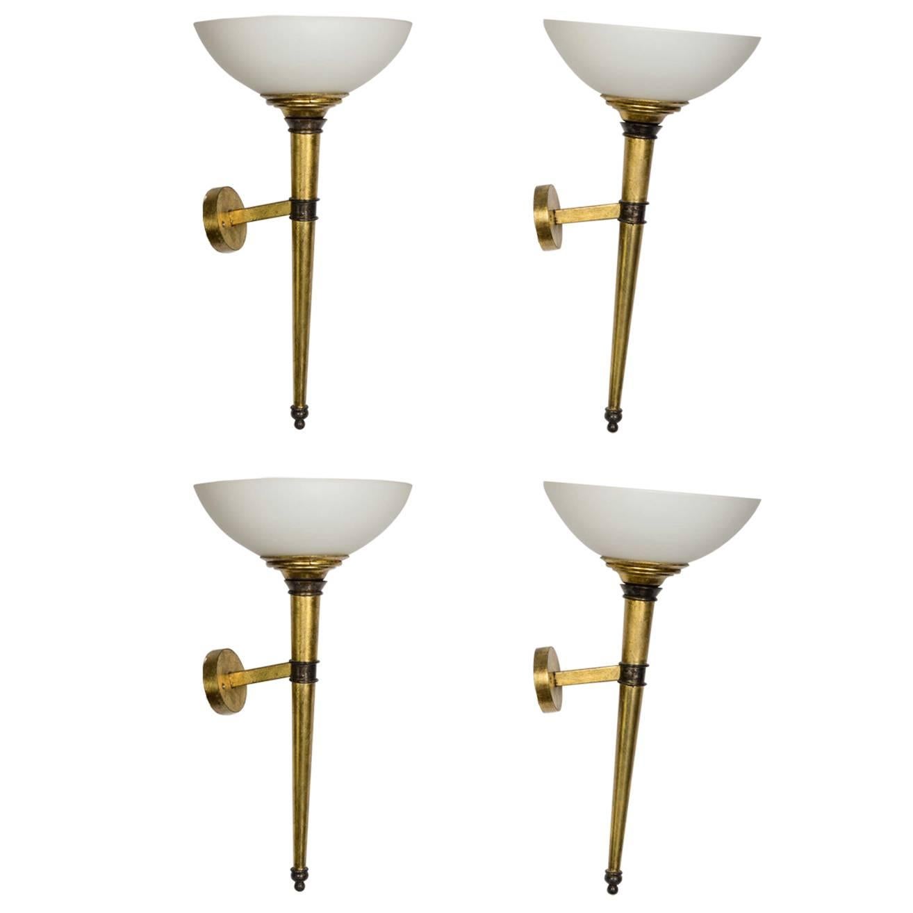 Set of Four Wall Sconces, Arms in Bronze with Gold Foil, Cup in White Glass