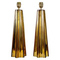 Pair of Table Lamps in Mirror and Gold Amber Murano Glass