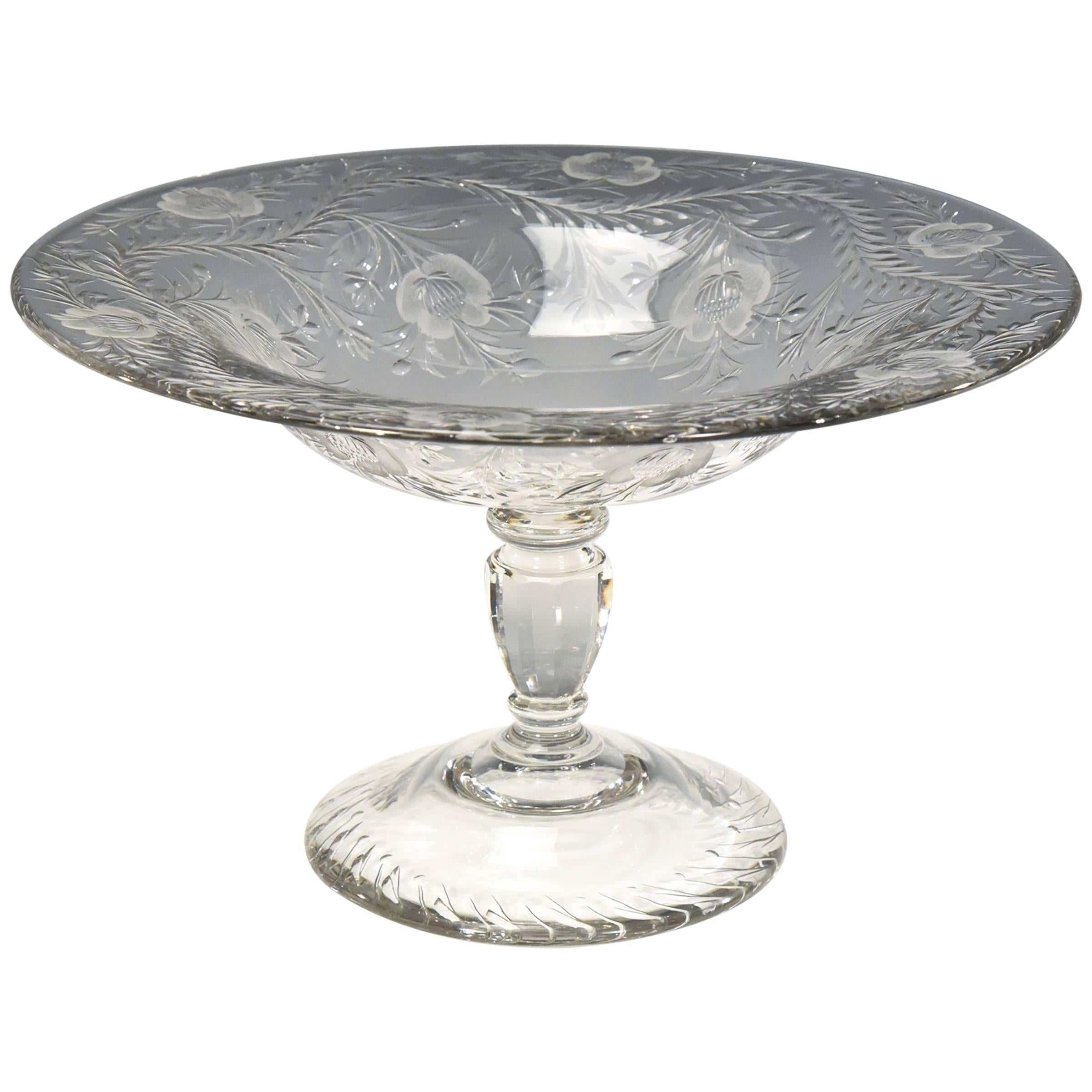 Webb Monumental Blown Crystal Footed Centerpiece w/ Wheel Cut Floral Engraving  For Sale