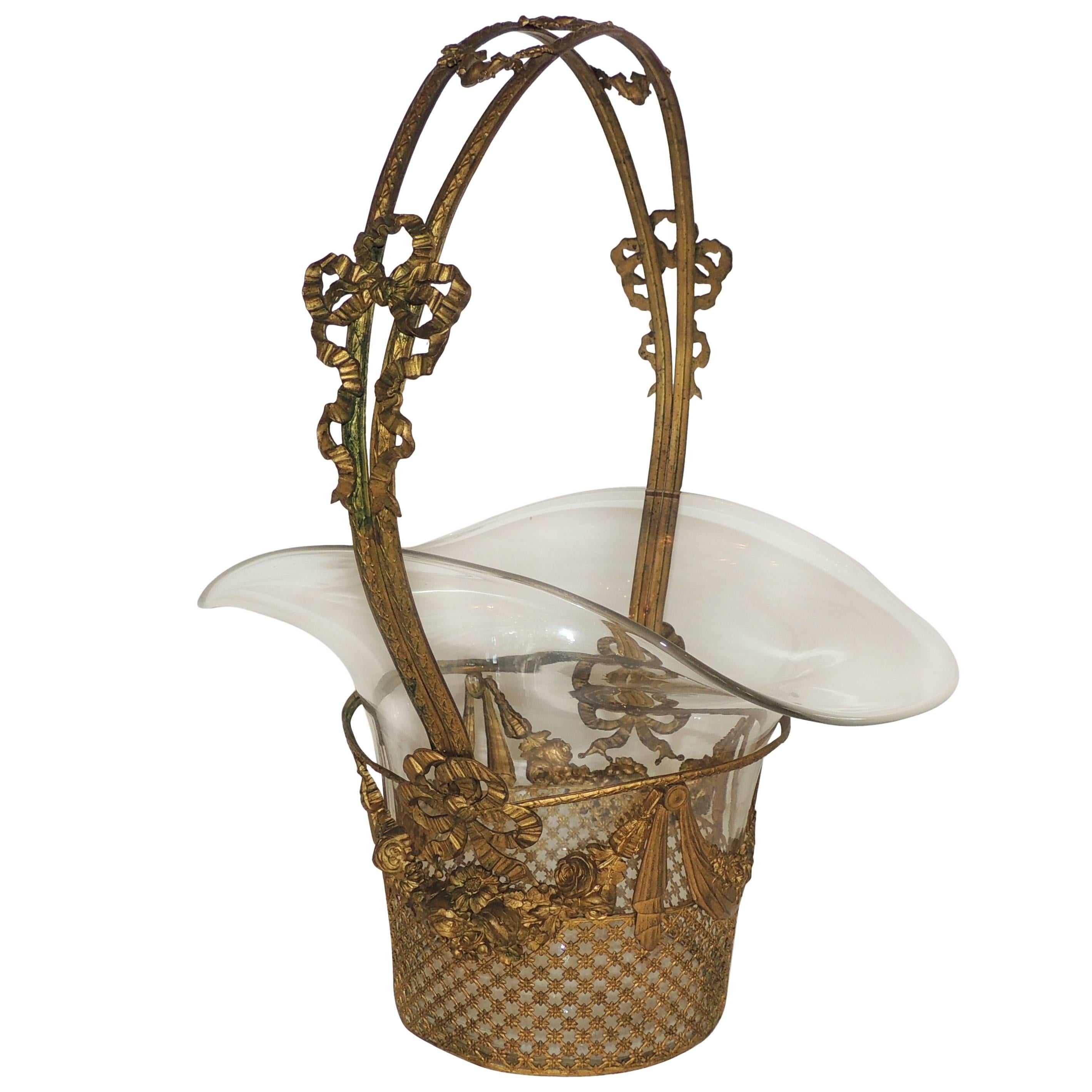 Wonderful French Centerpiece Gilt Bronze Open Weave Glass Crystal Basket Bows For Sale
