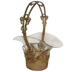 Wonderful French Centerpiece Gilt Bronze Open Weave Glass Crystal Basket Bows