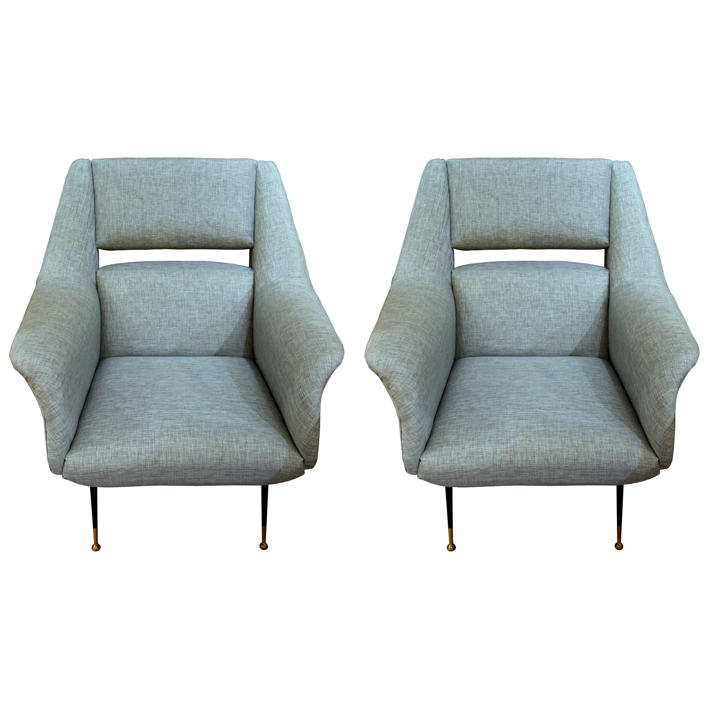 Pair of Large Italian Mid-Century Slate Blue Lounge Chairs