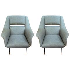 Pair of Large Italian Mid-Century Slate Blue Lounge Chairs