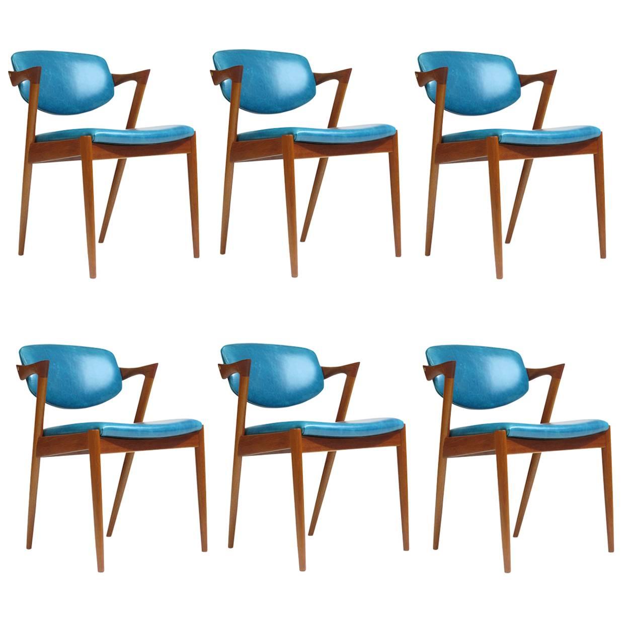 Six Kai Kristiansen Teak Danish Dining Chairs in Turquoise Leather, 20 Available