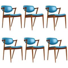 Six chaises à manger danoises en teck de Kai Kristiansen en cuir turquoise:: 20 disponibles