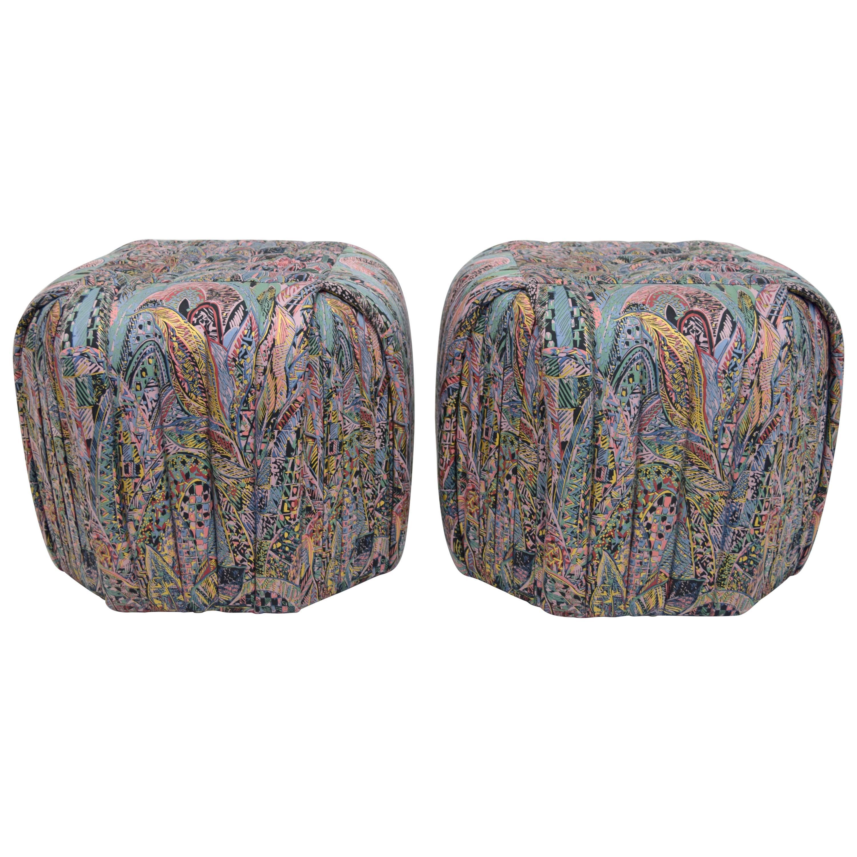 Pair of Pleated and Box Stitched Upholstered Poufs by Preview Furniture