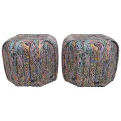 Pair of Pleated and Box Stitched Upholstered Poufs by Preview Furniture