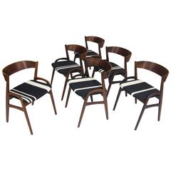 Six Rosewood Danish Dining Chairs in Black/White Striped Fabric