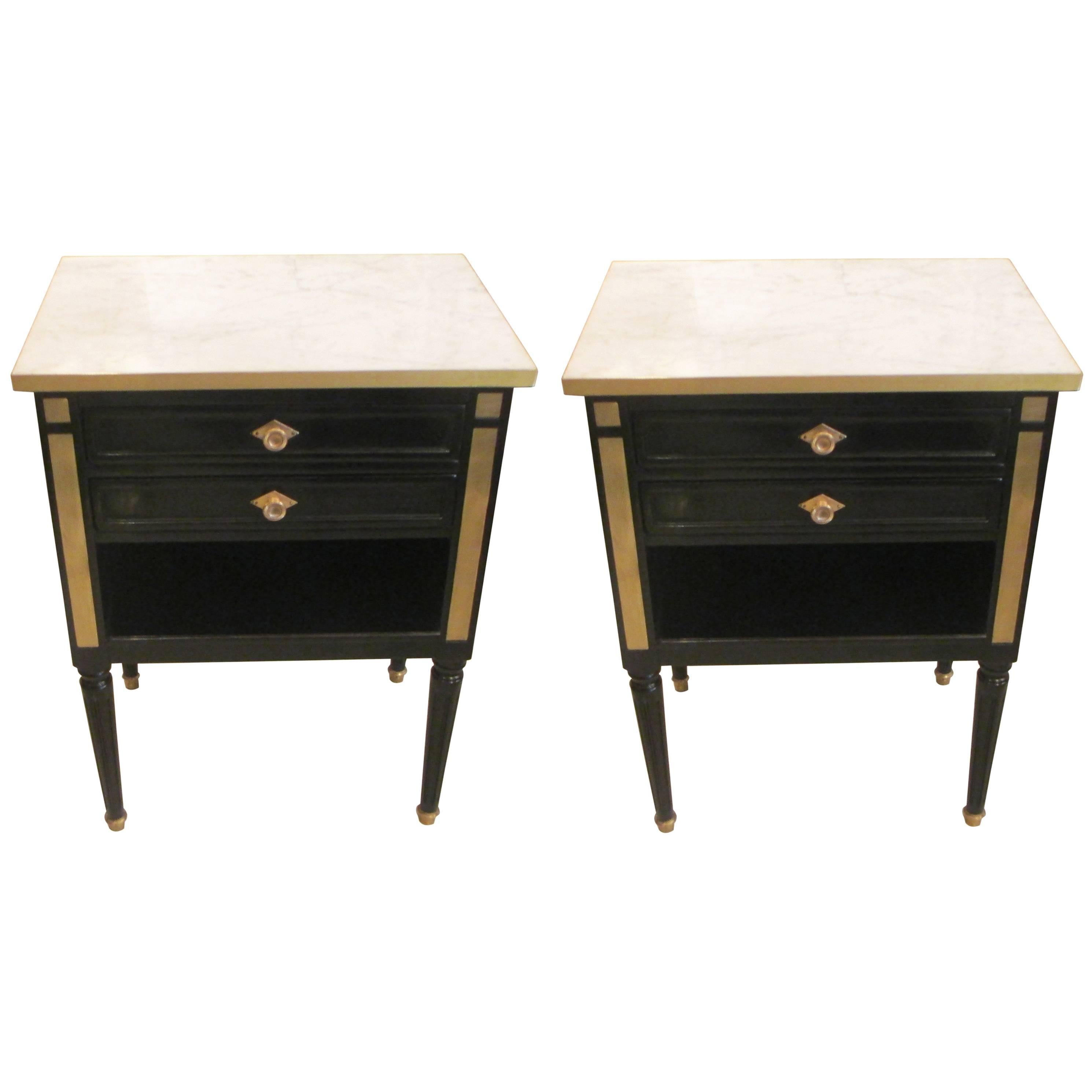 Pair of Ebonized Directoire-Style, Brass-Mounted Nightstands With Marble Top