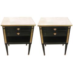 Pair of Ebonized Directoire-Style, Brass-Mounted Nightstands With Marble Top