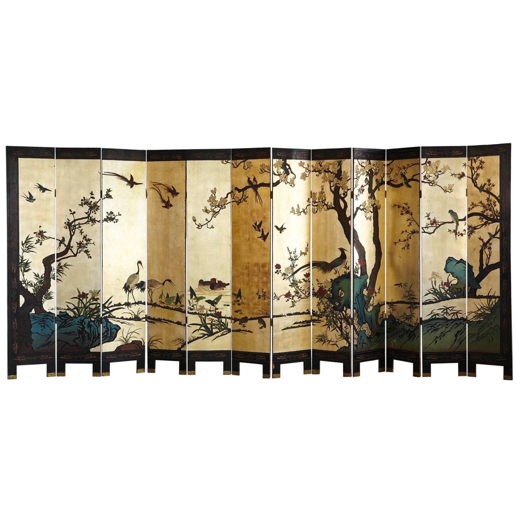 Antique Chinese 12 Panel Double Sided Gild and Black Lacquered Coromandel Screen