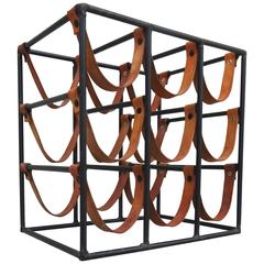 Sculptural 1950s Arthur Umanoff Leather and Wrought Iron Wine Rack 1