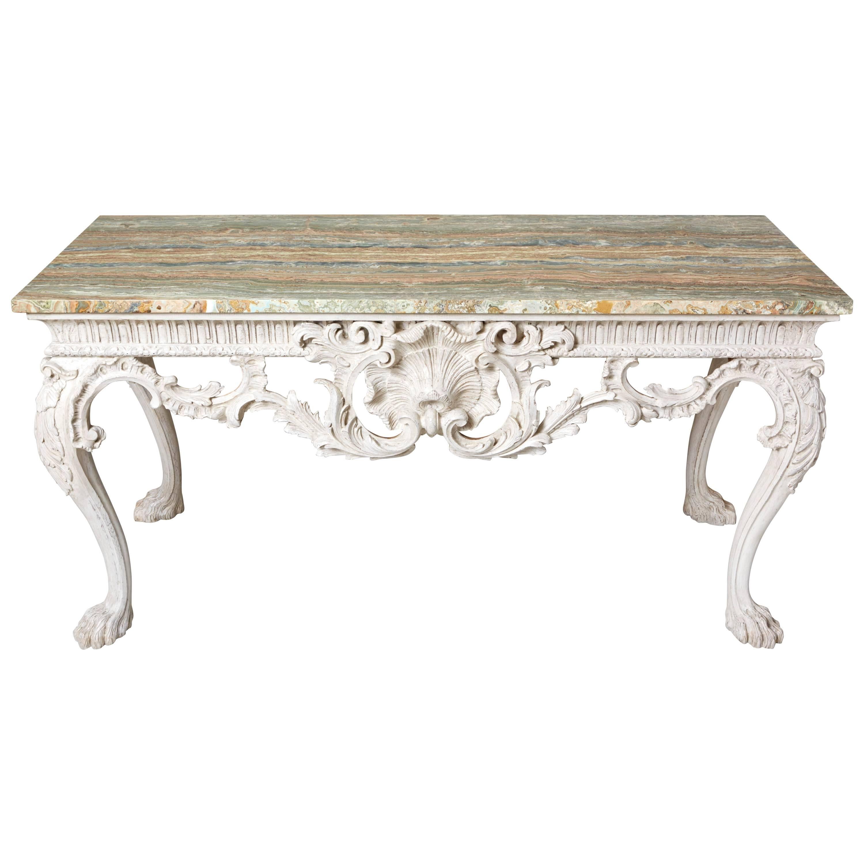 White Console Table with Green-Veined Onyx Top