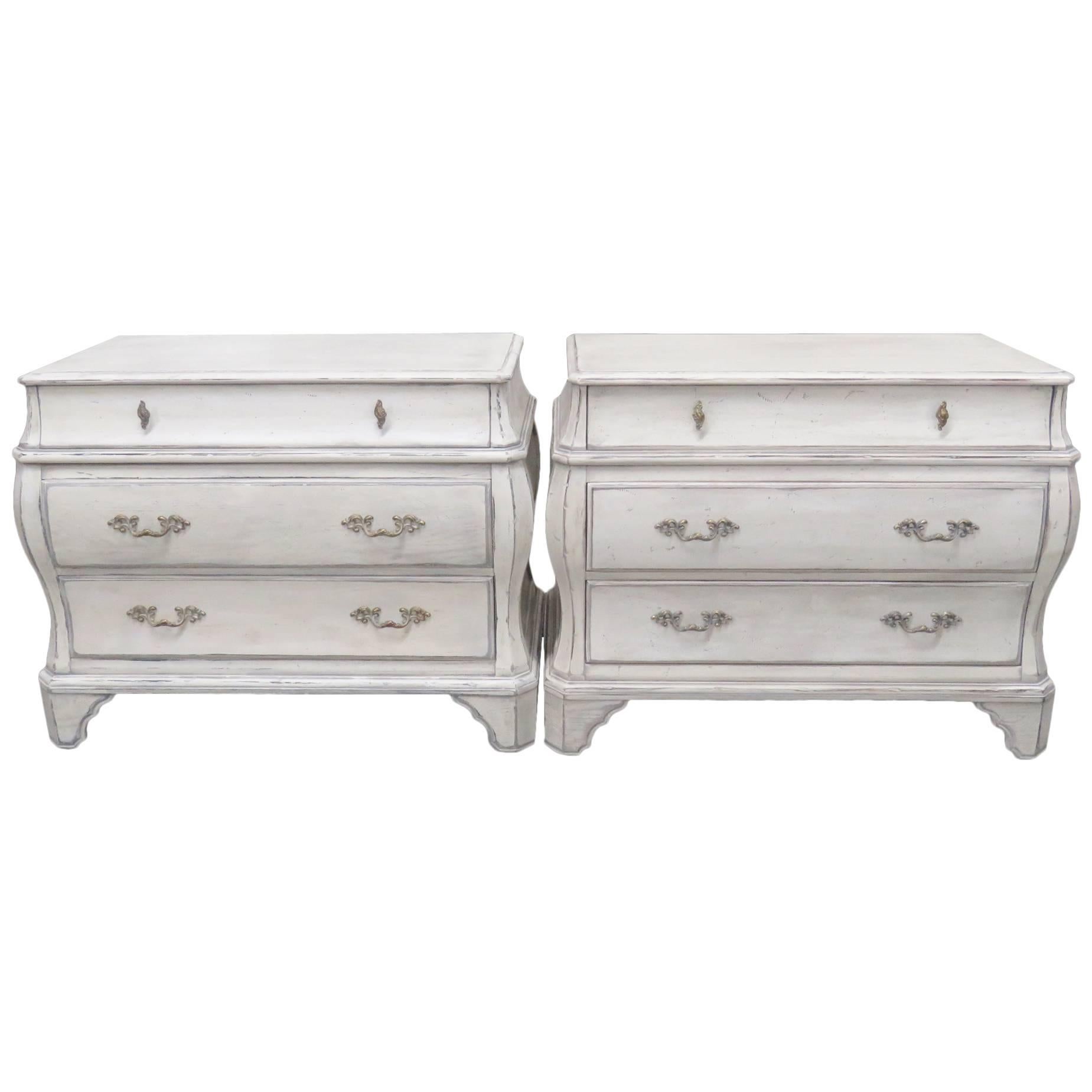 Pair of Hickory Manufacturing Co. Distressed Cream Painted Commodes