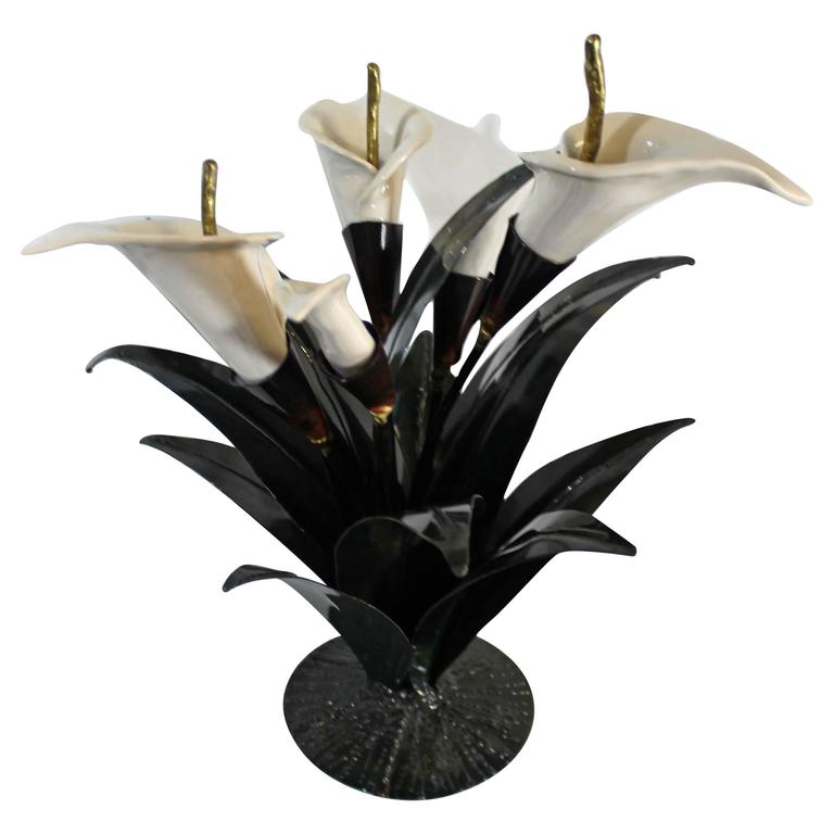 Brutalist Metal Art Sculpture with Ceramic Calla Lily Flowers For Sale at 1stDibs