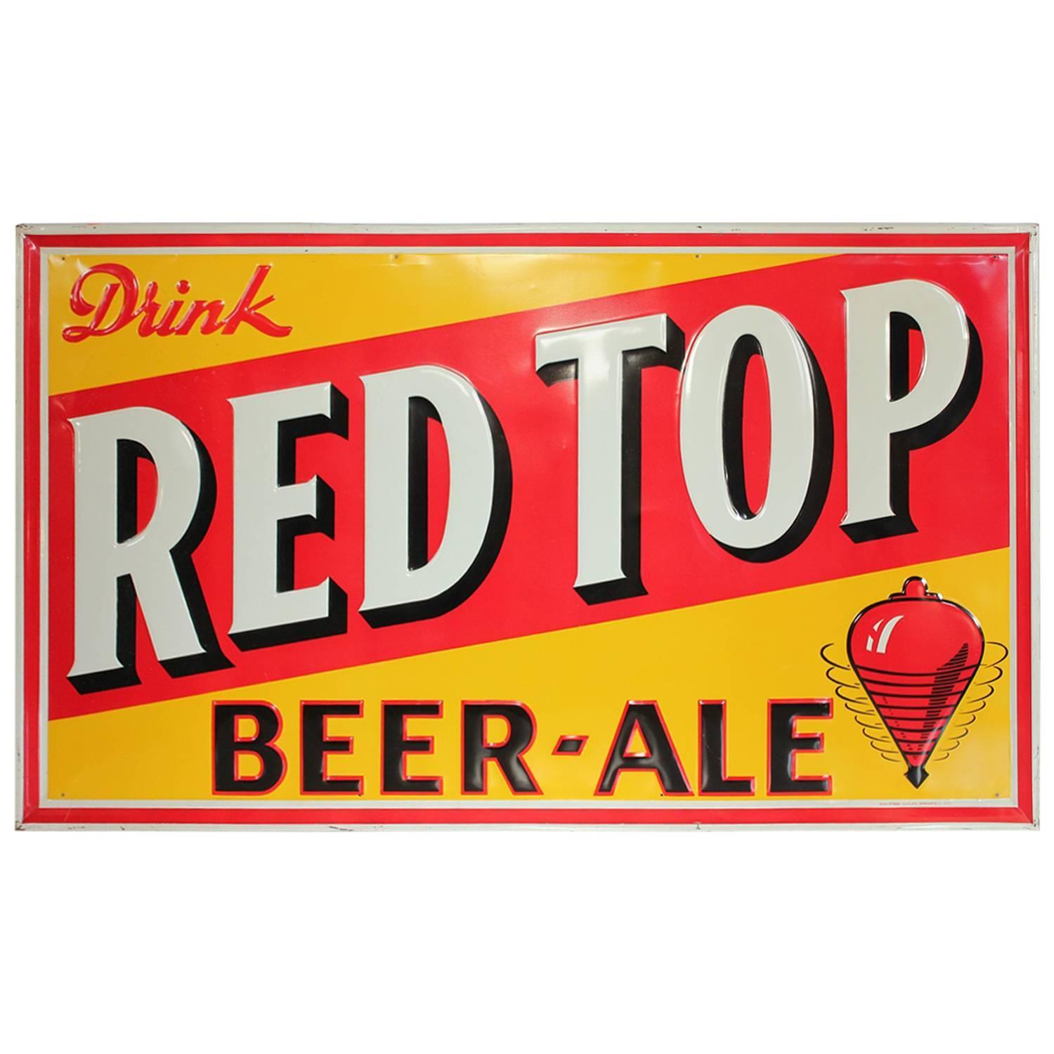 1950s Embossed Metal Advertising Sign "Drink Red Top Beer Ale" For Sale