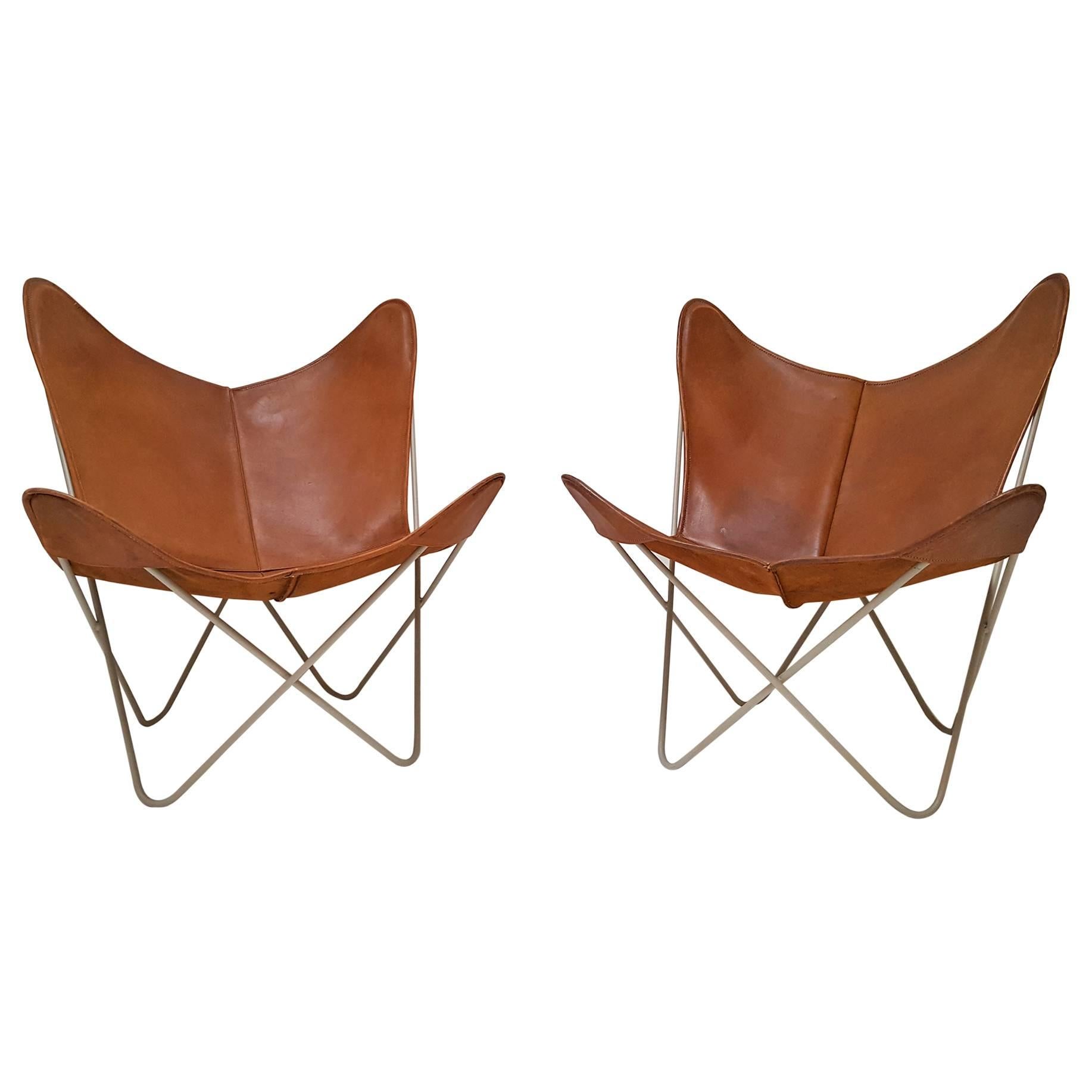 Knoll Hardoy Butterfly Sling Chairs 1954 brown leather