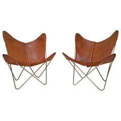 Knoll Hardoy Butterfly Sling Chairs 1954 brown leather