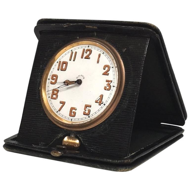 Art Deco Travel Clock in Green Leather from England