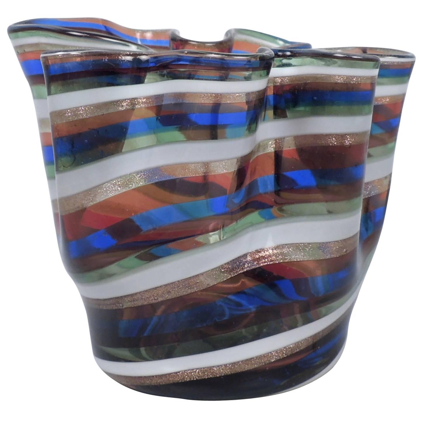 Venetian or Murano Glass Filigrana Fazzoletto or Handkerchief Vase For Sale