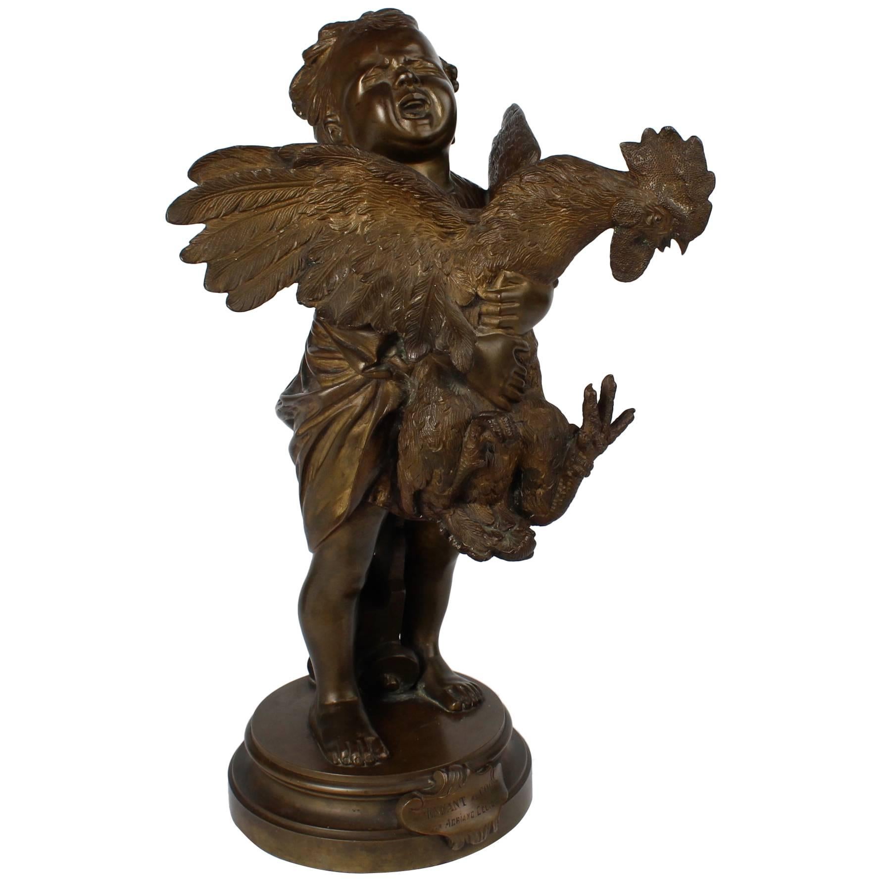 Enfant au Coq, une sculpture en bronze d'un enfant et d'un coq d'après Cecioni Adriano