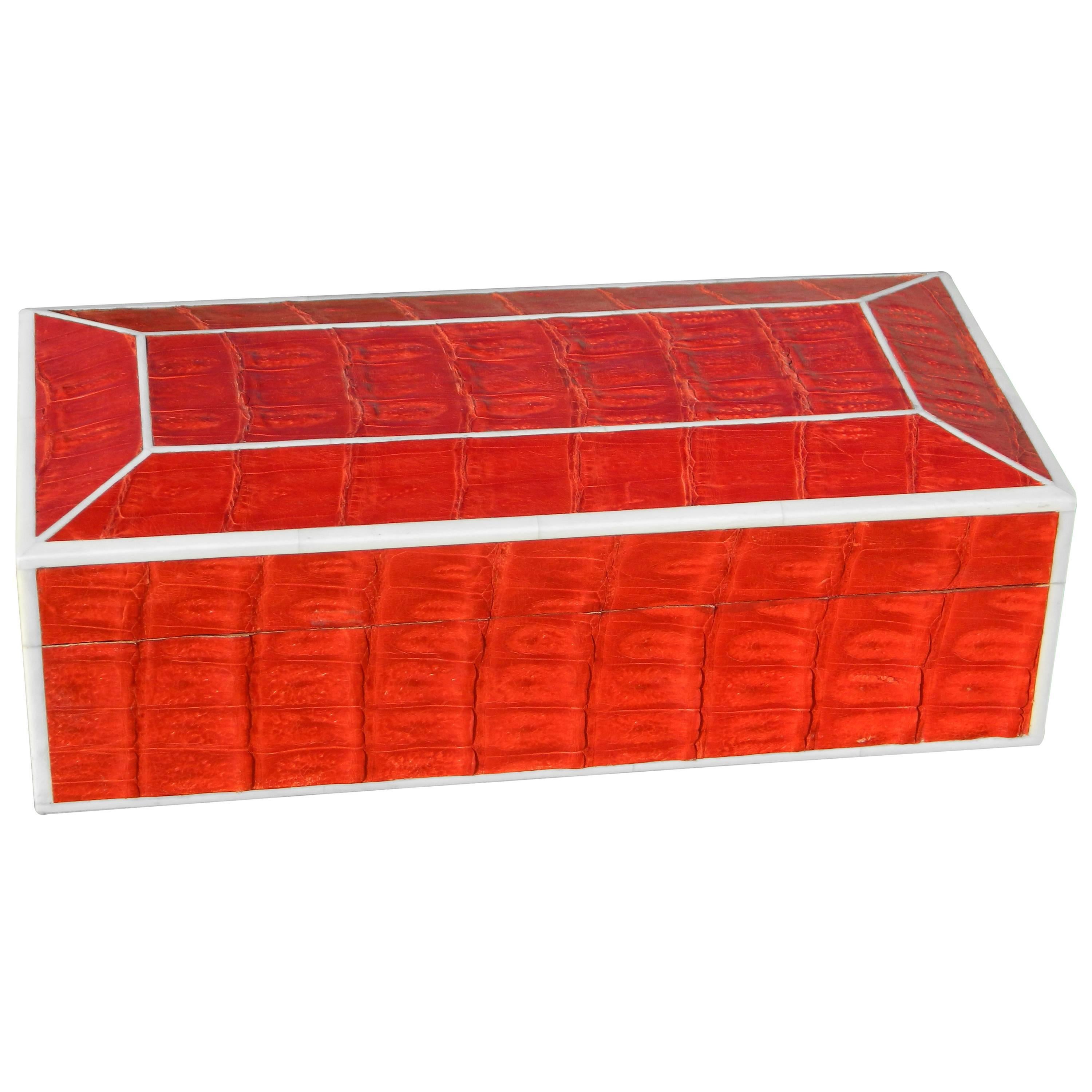 Beautiful Red Crocodile Box with Bone Inlay For Sale