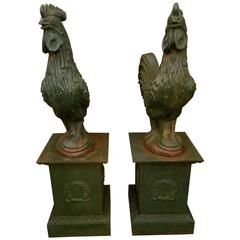 Pair of Antique Green Painted Iron Roosters on Pedestals