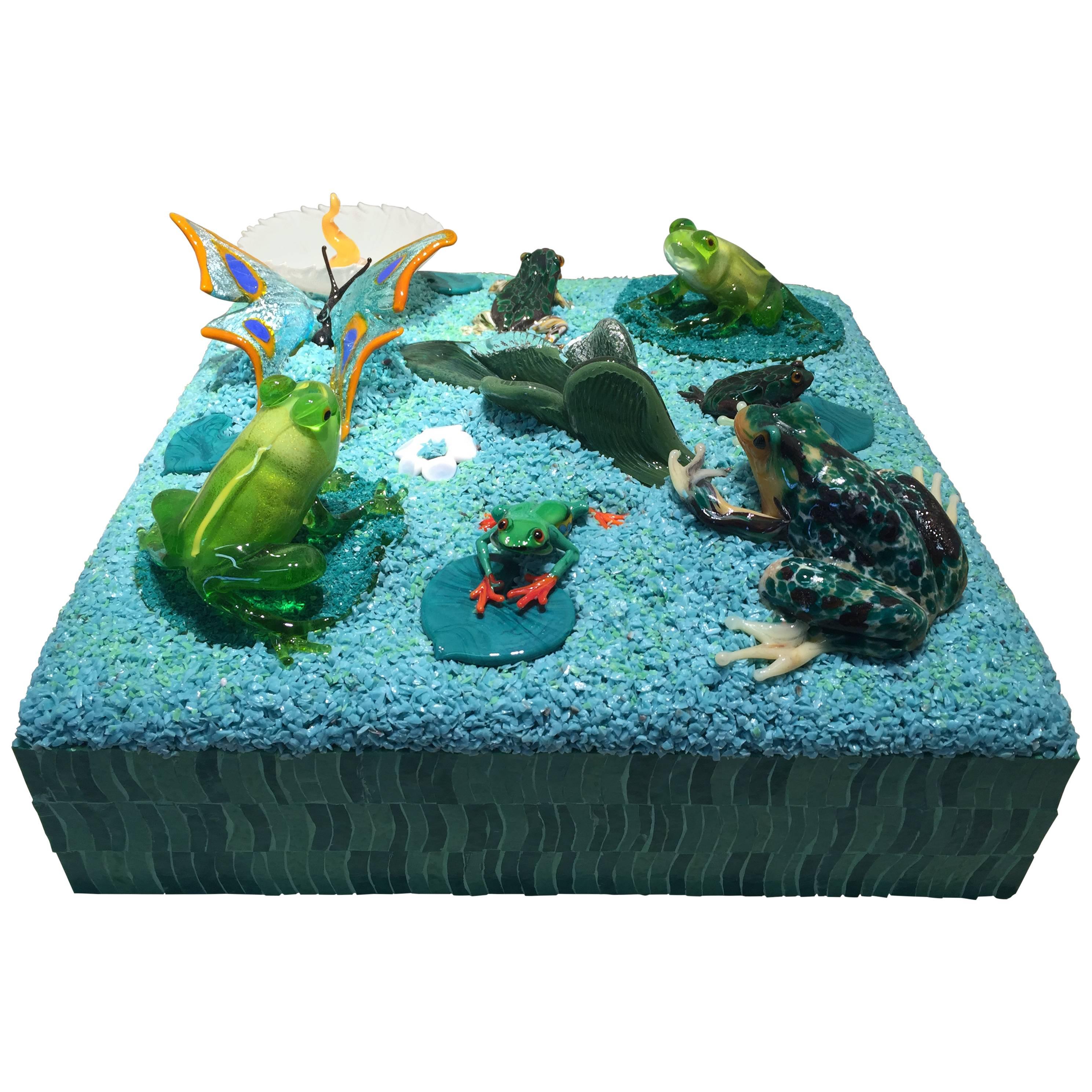 Beautiful Murano Glass and Mosaic Sculpture with Frogs For Sale