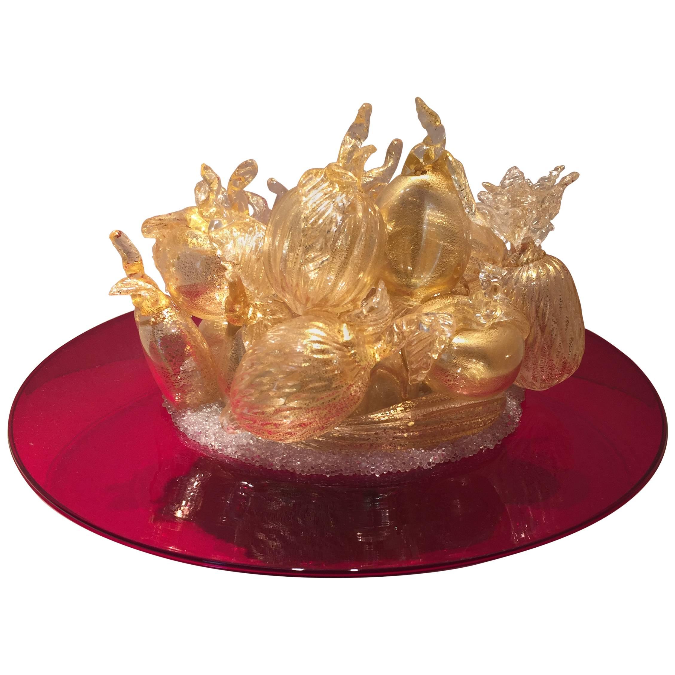 Late of 20th Century Murano Glass Centerpiece with Blown Glass Fruits For Sale