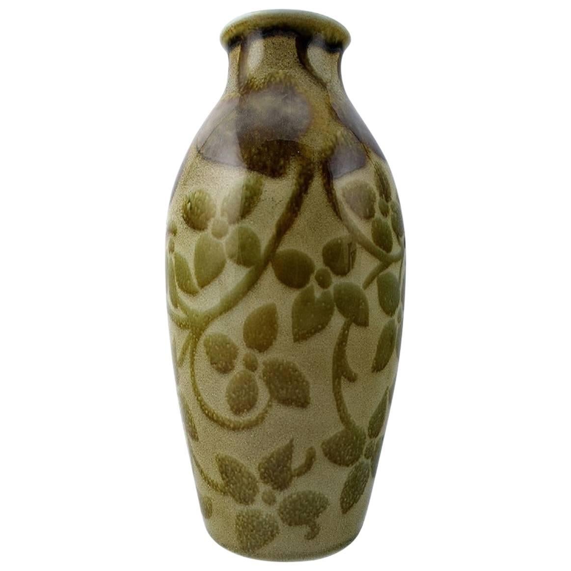 French Ceramic Vase, Beautiful Olive Glaze, 1930s
