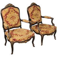 20th Century Pair of French Lacquered and Gilded Armchairs